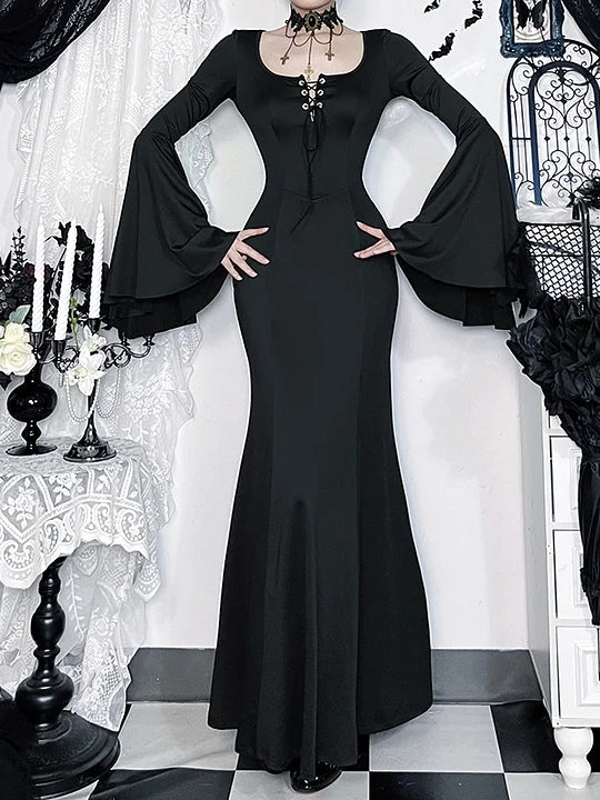 Gothic Lace-Up Bell Sleeve Mermaid Maxi Dress