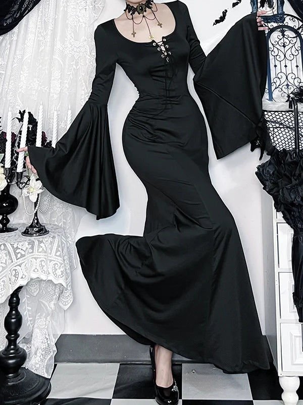 Gothic Lace-Up Bell Sleeve Mermaid Maxi Dress