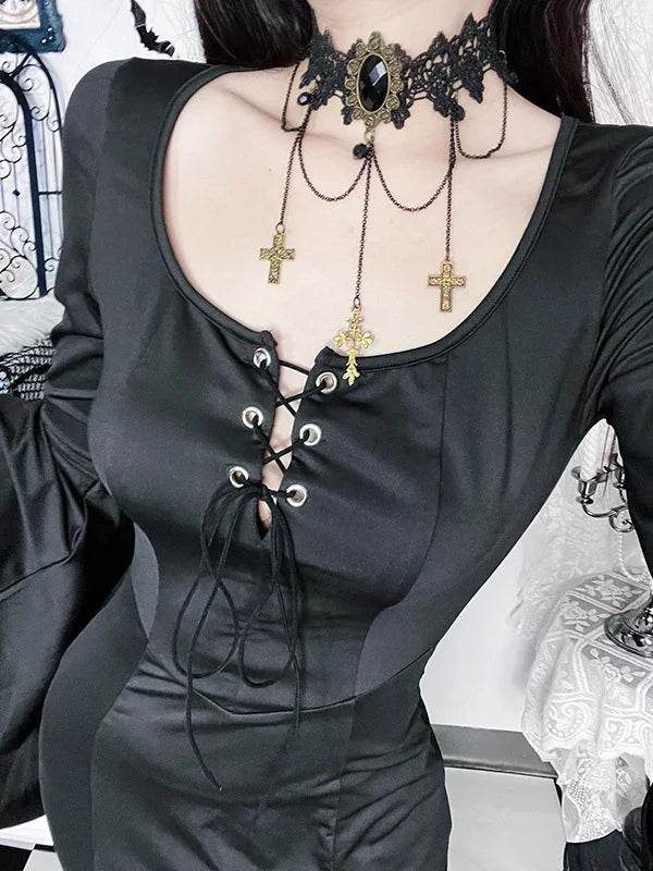 Gothic Lace-Up Bell Sleeve Mermaid Maxi Dress