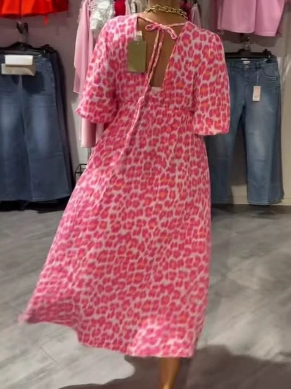 Elegant Pink Striped Floral Print Deep V Dress