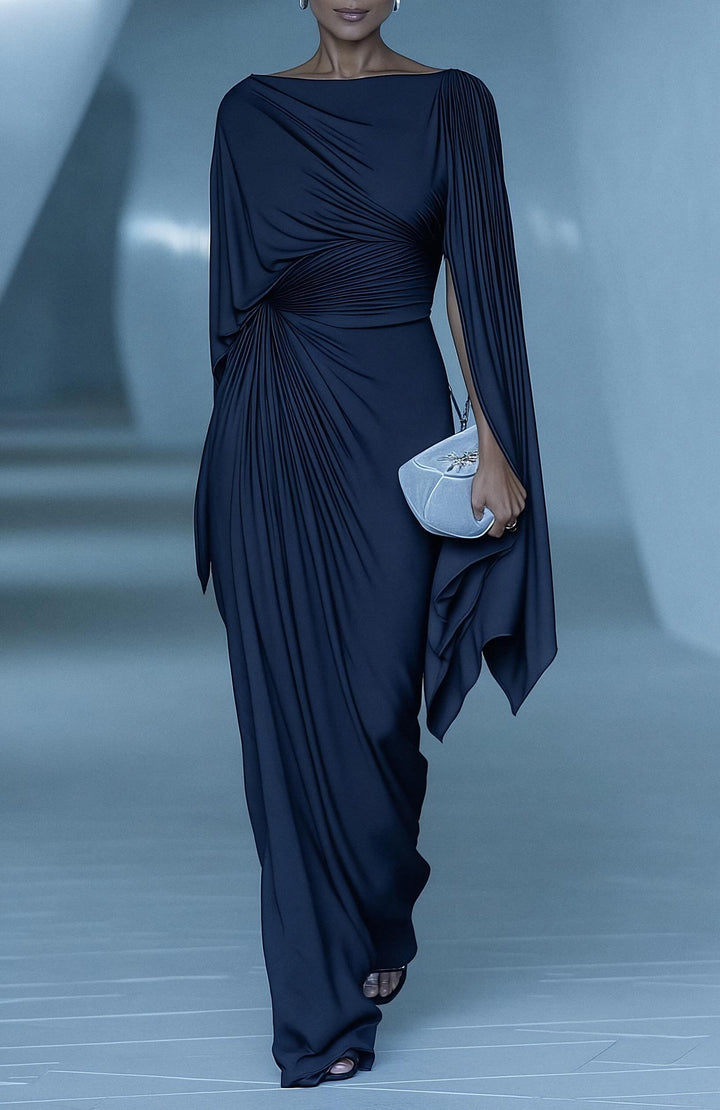 Dark Blue Pleated Cape Draped Maxi Dress