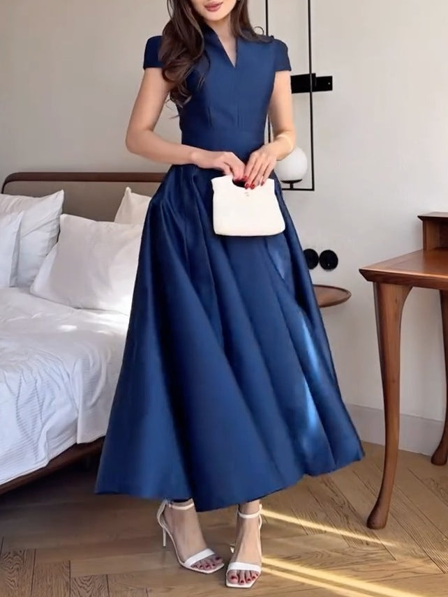 Elegant Dark Blue V-neck Long Dress