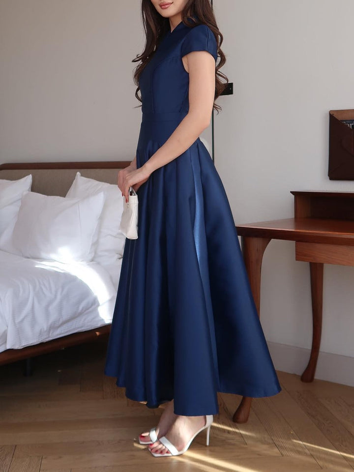 Elegant Dark Blue V-neck Long Dress
