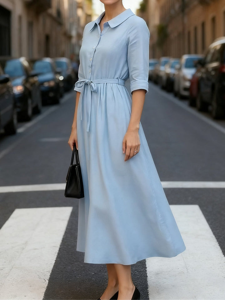 Blue Casual Lapel Tie Midi Dress
