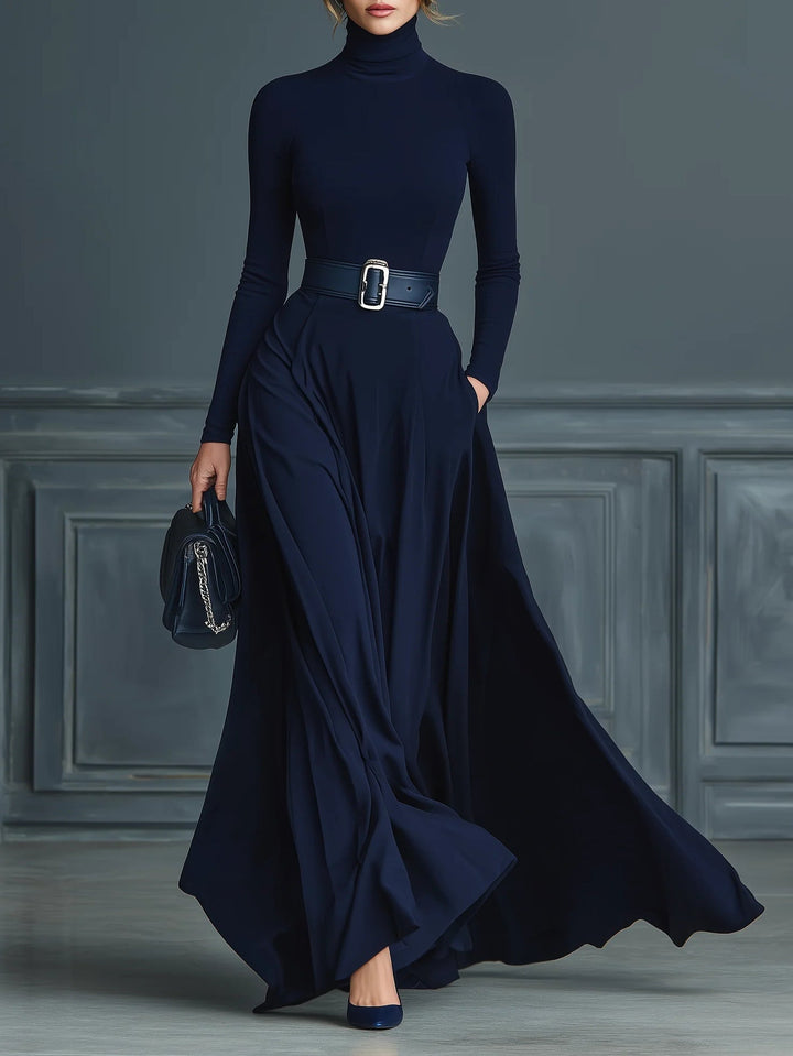 Dark Blue Knitted High-neck Dress