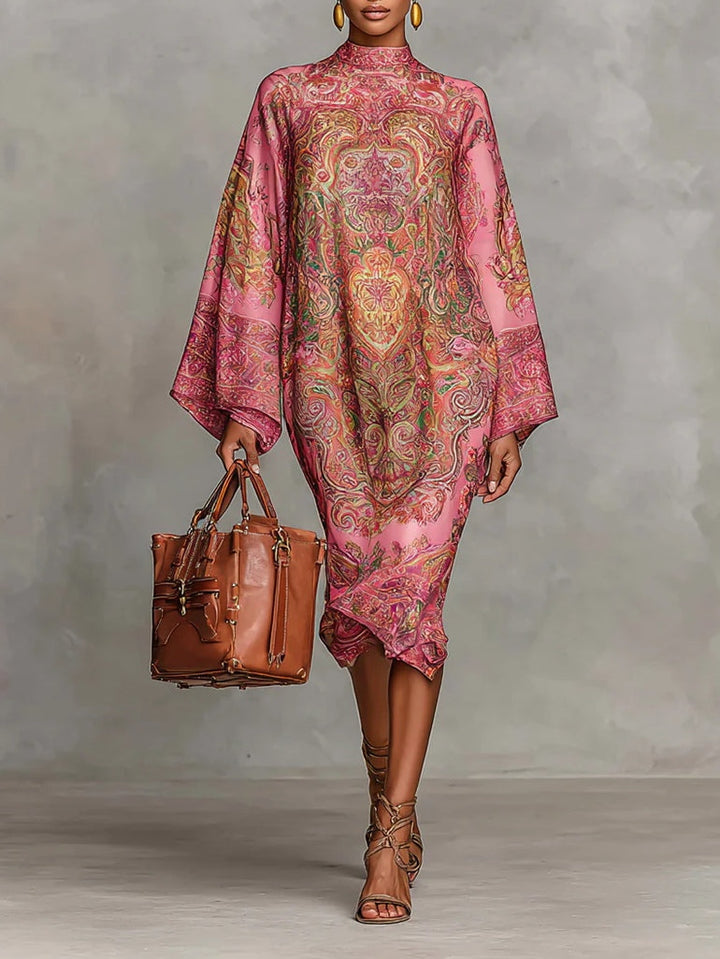 Pink Paisley Print Flared Long Sleeve Loose Midi Dress