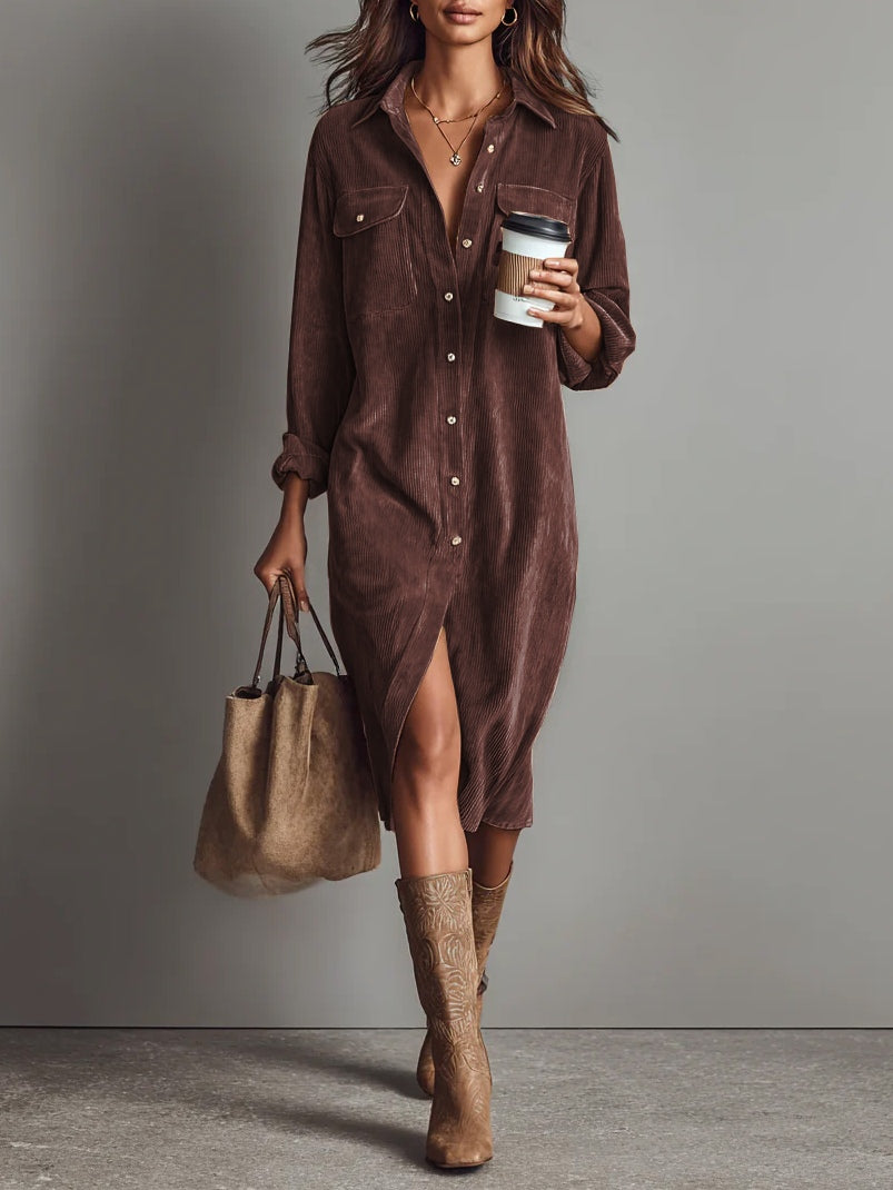 Loose Corduroy Double Chest Pocket Single Breasted Midi Dress