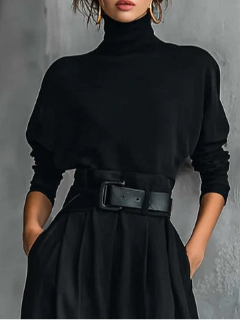 All-black Turtleneck Long-sleeved T-shirt And Straight-leg Pants Two-piece Set (including Belt)