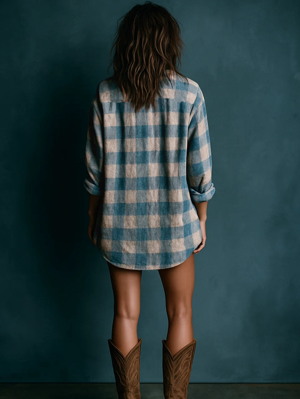 Selenie Blue And White Loose Plaid Henley Neck Long Sleeve Mini Dress