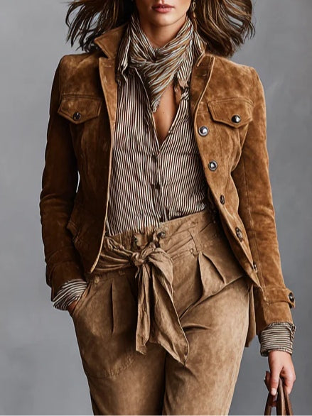 Brown Suede Single-Breasted Lapel Cropped Jacket