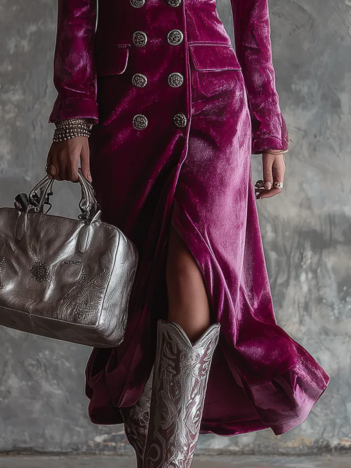 Purple Button-Down Velvet Long Blazer Maxi Dress