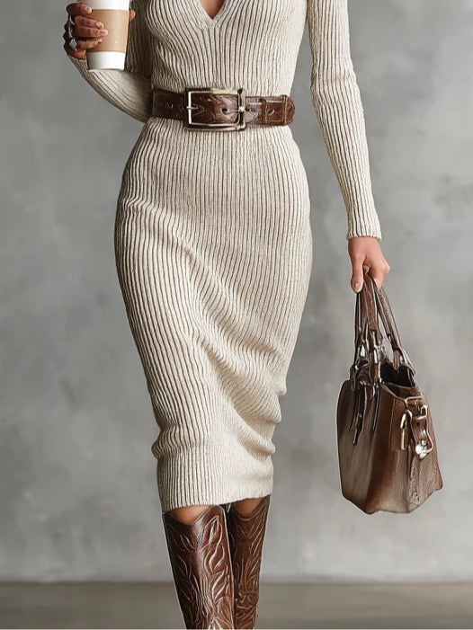Slim Fit Half Turtleneck V-Neck Long Sleeve Knitted Belted Midi Dress