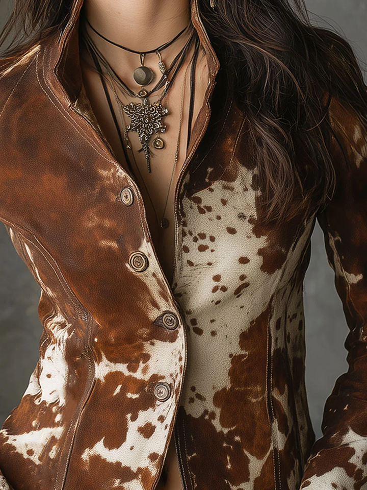 Vintage Stand-up Collar Cow Print Slim-fit Jacket