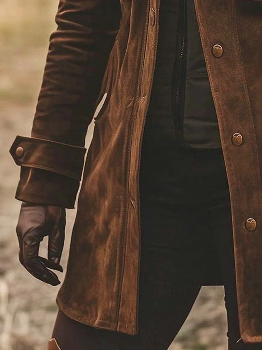 Vintage Suede Lapel Collar Mid-Length Coat Jacket