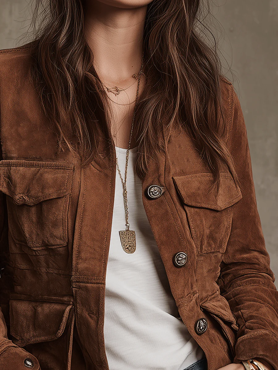 Vintage Brown Faux Suede Multi-Pocket Jacket