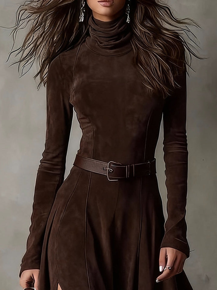 Dark Brown Faux Suede Turtleneck Long Sleeve Slit Maxi Dress（Including belt）