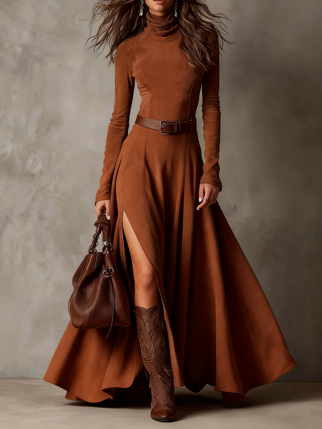 Dark Brown Faux Suede Turtleneck Long Sleeve Slit Maxi Dress（Including belt）