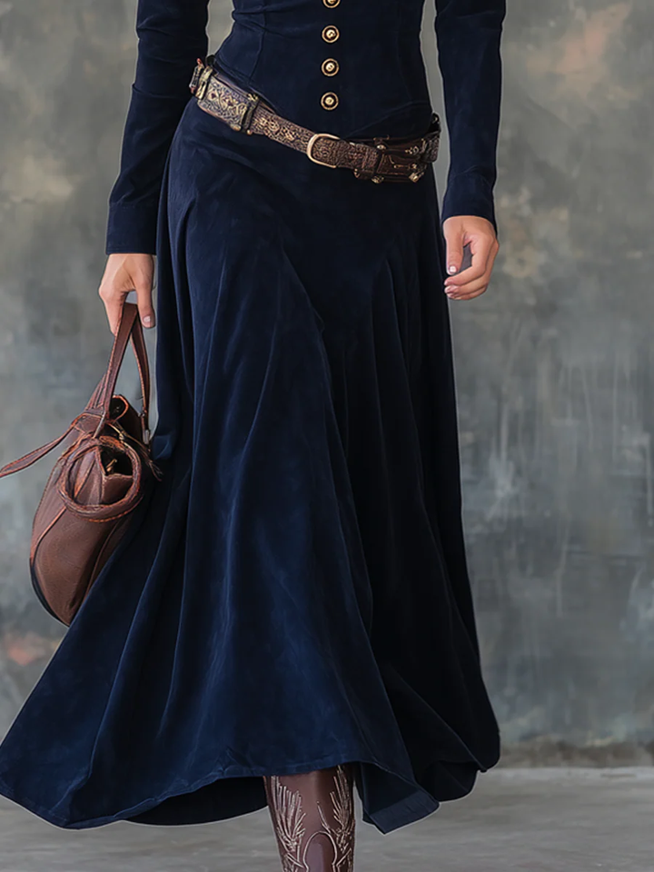 Vintage Flap Pocket Polyester Suede Maxi Dress(With belt)