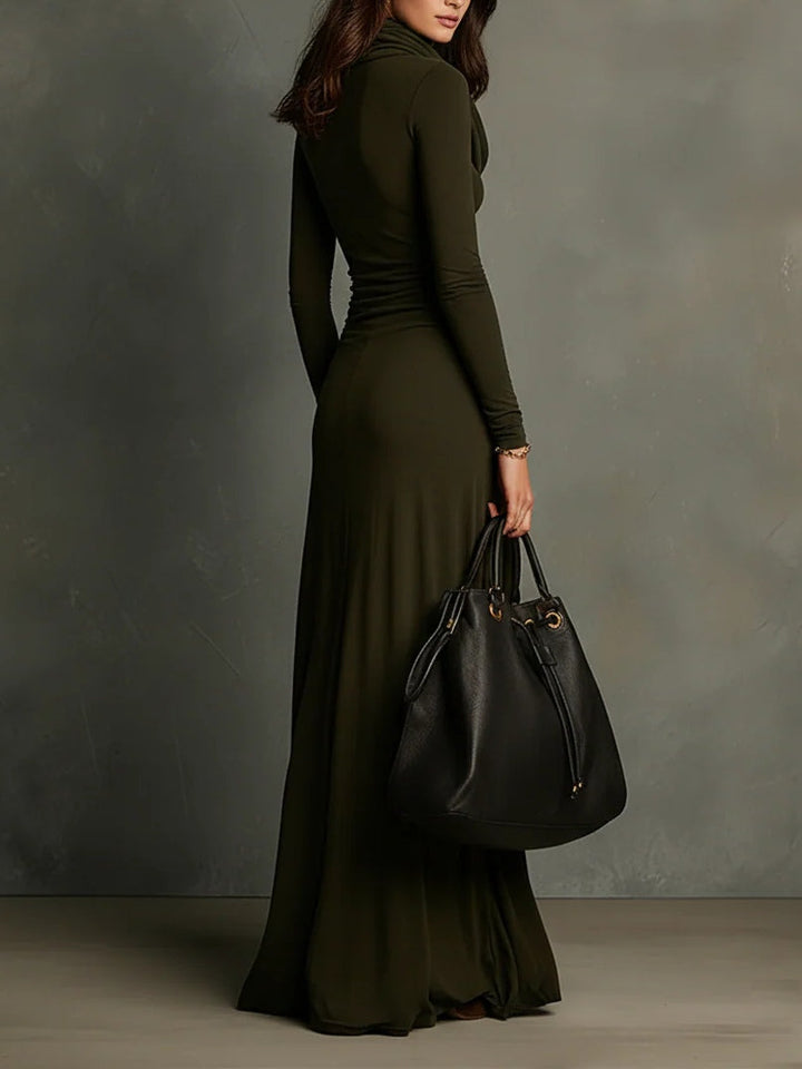 Olive Green Turtleneck Pleated Maxi Dress