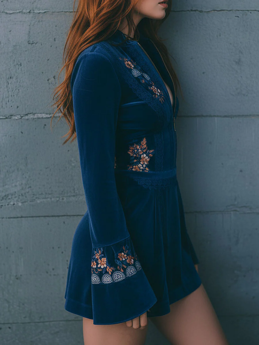 Blue Velvet Zip-up Lace-trimmed Embroidered Mini Dress