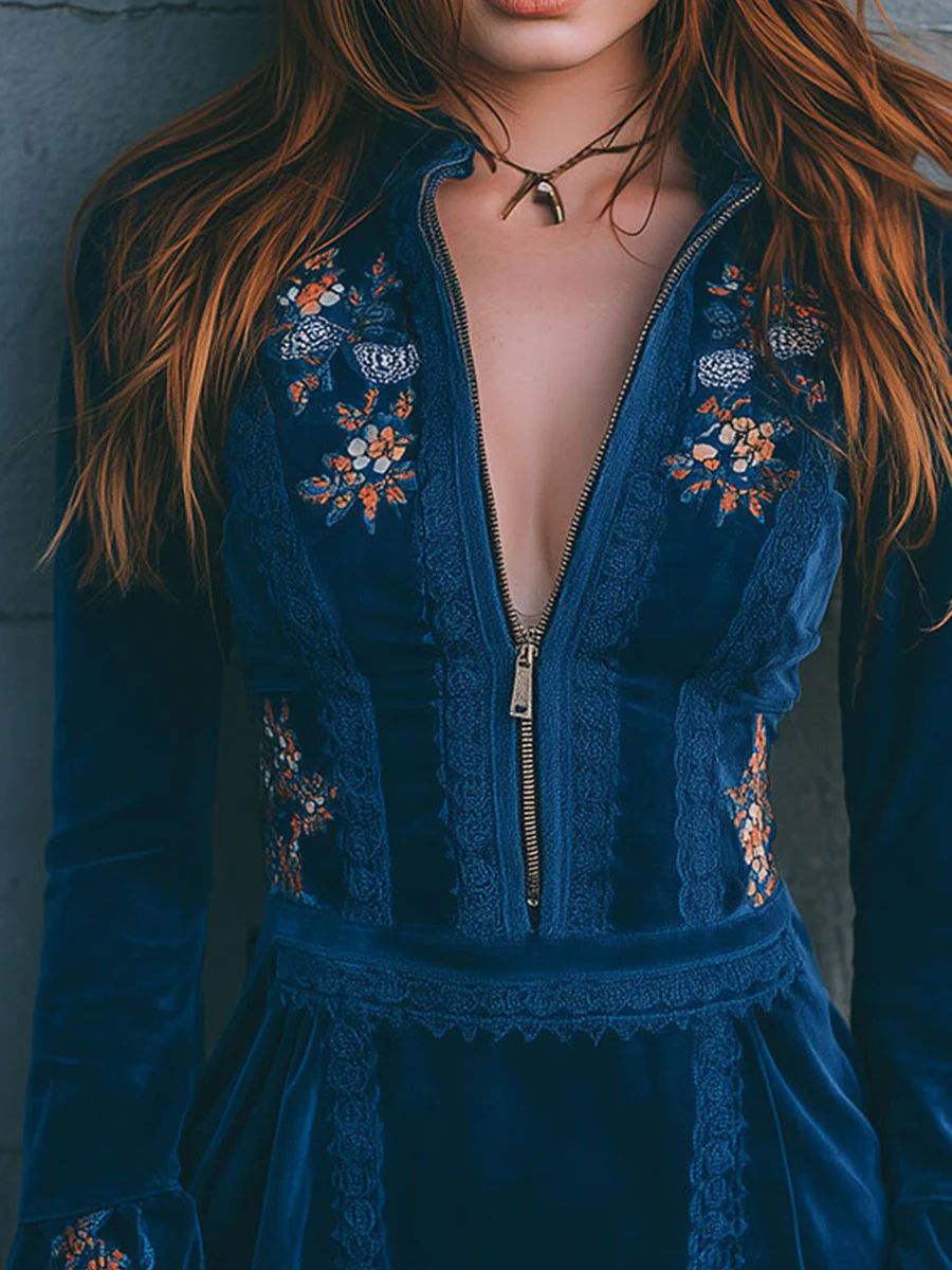 Blue Velvet Zip-up Lace-trimmed Embroidered Mini Dress