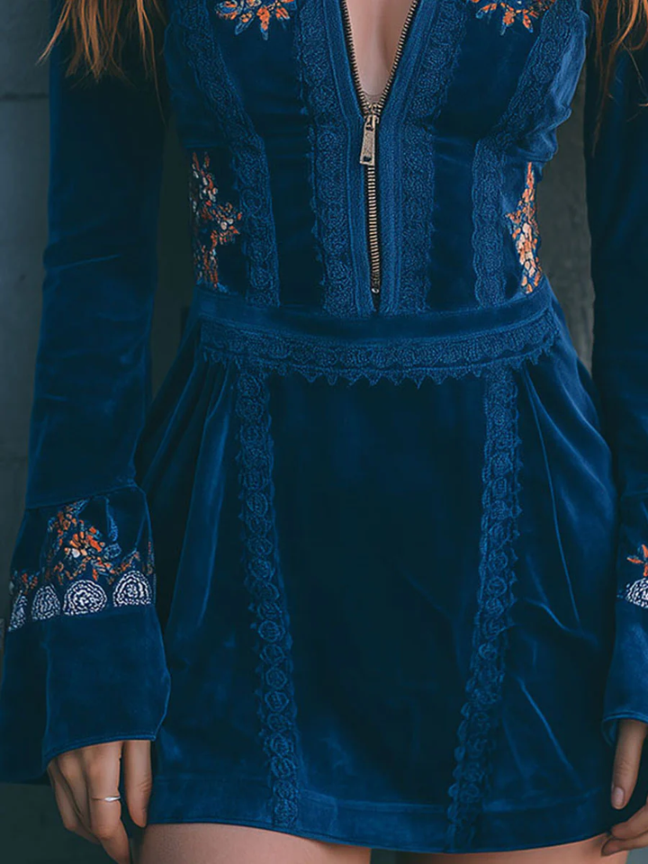 Blue Velvet Zip-up Lace-trimmed Embroidered Mini Dress
