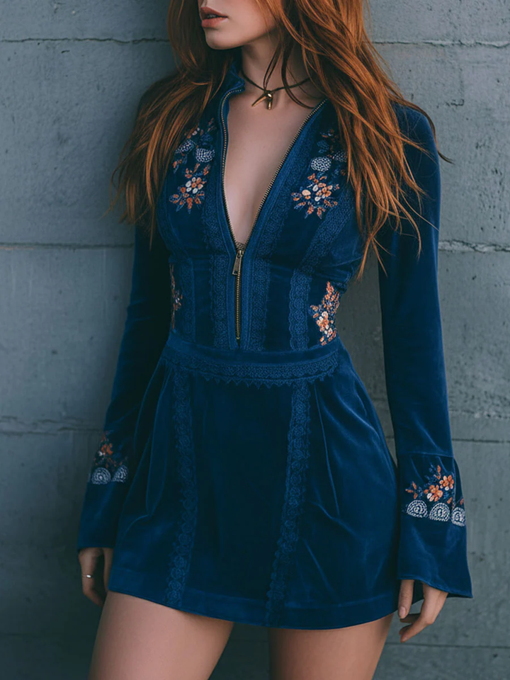 Blue Velvet Zip-up Lace-trimmed Embroidered Mini Dress