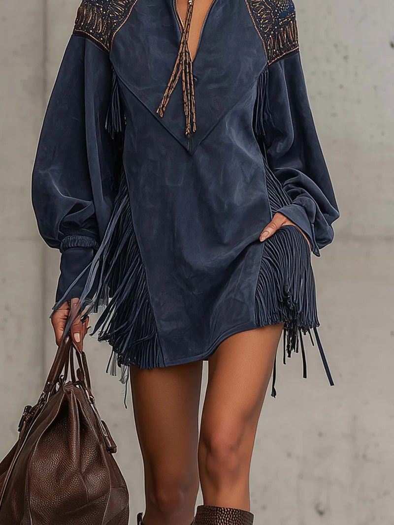 Indigo Faux Suede Embroidered Tassel Stand-up Collar Mini Dress