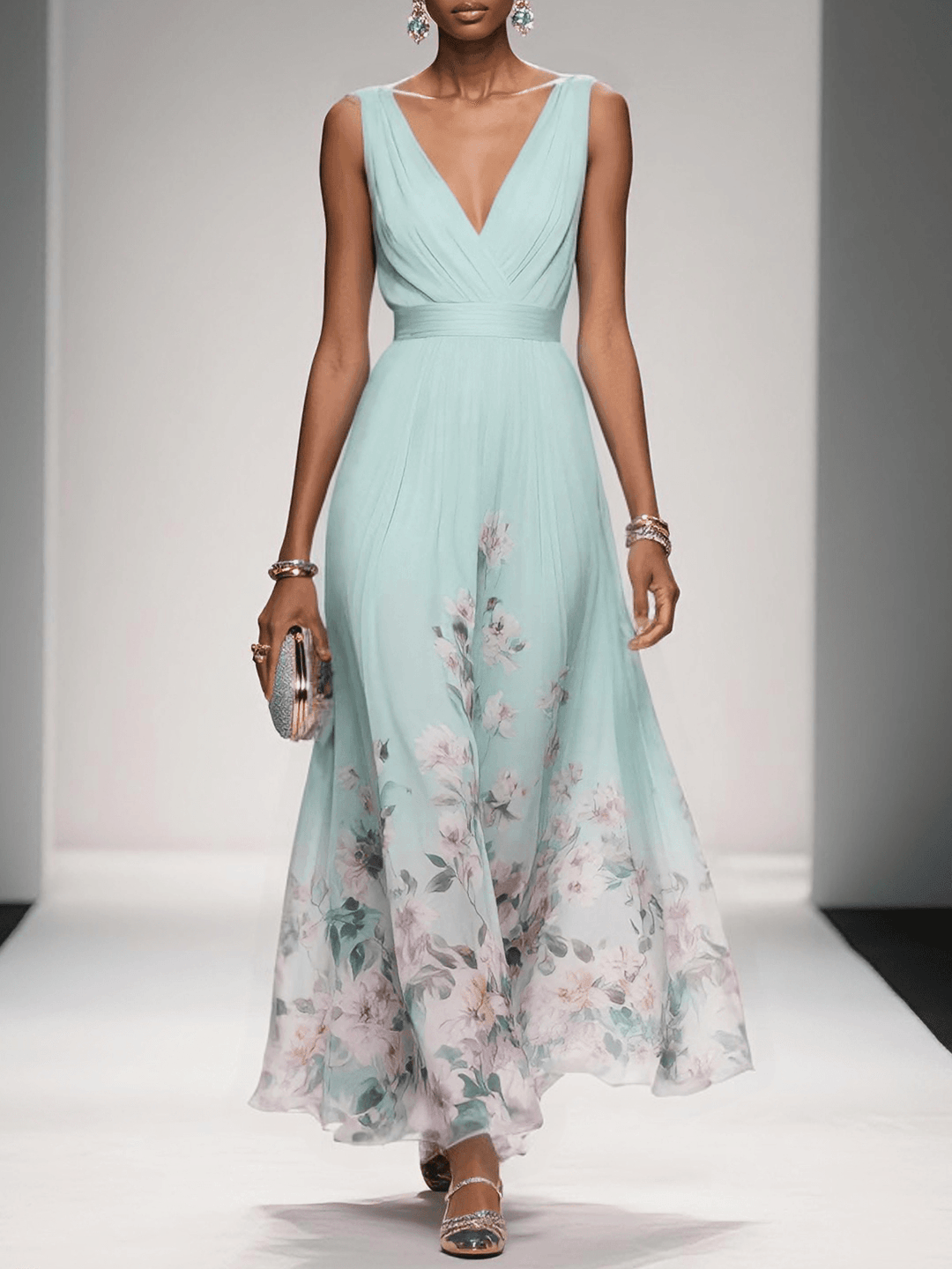 Light Blue Floral Chiffon V Neck Sleeveless A-Line Maxi Dress