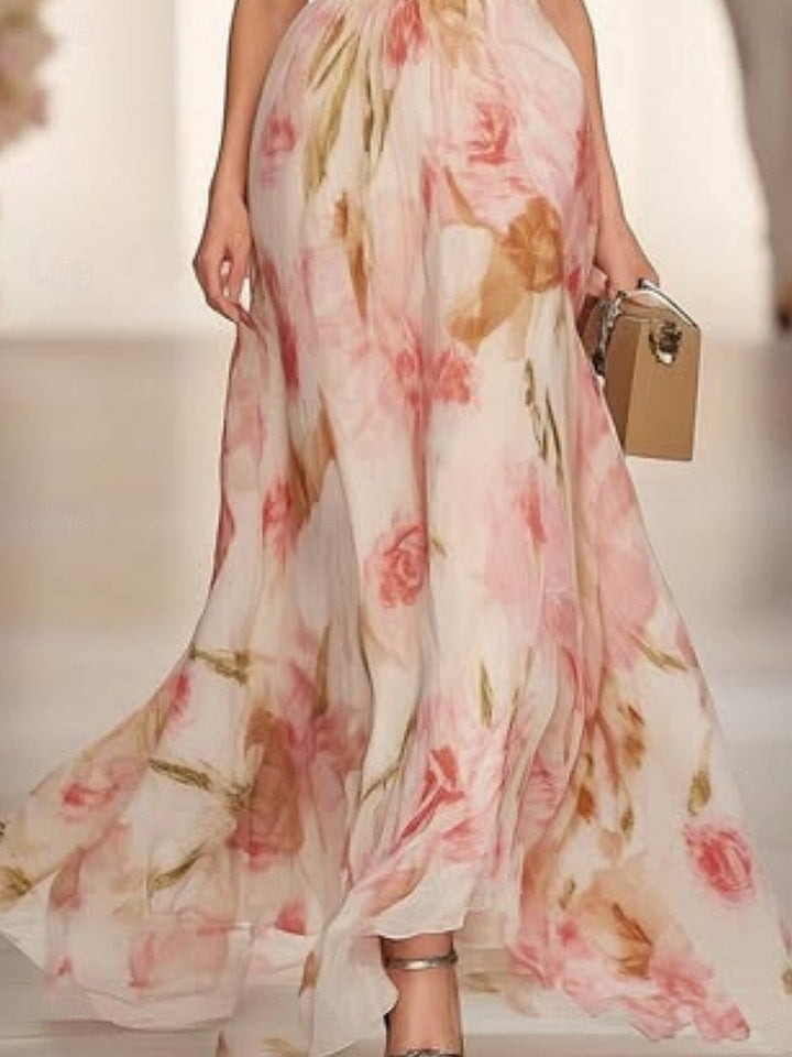 Floral Print V-neck Short-sleeved Waist Casual Maxi Dress