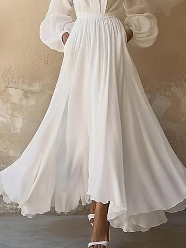 White V-neck Lantern Sleeve Ruffled Maxi Dress