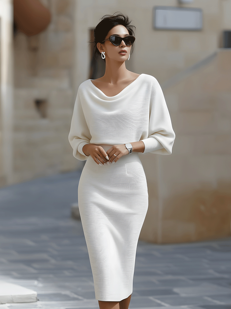 Olivia | White Midi Dress with Draped Batwing Sleeves