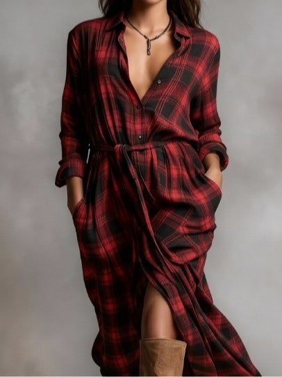 Red Plaid Lapel Button-Down Shirt Maxi Dress