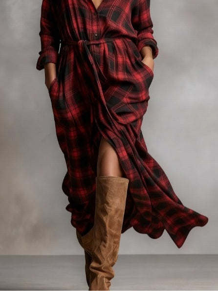 Red Plaid Lapel Button-Down Shirt Maxi Dress