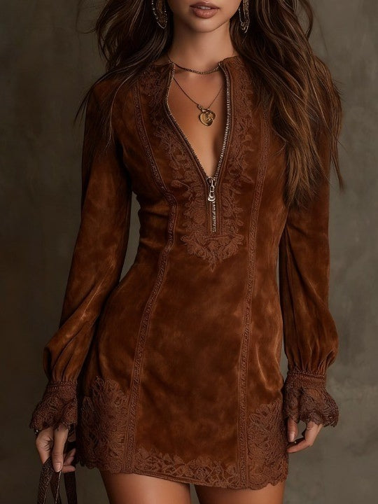 Eudora Vintage Blue Suede Lace Trim Mini Dress