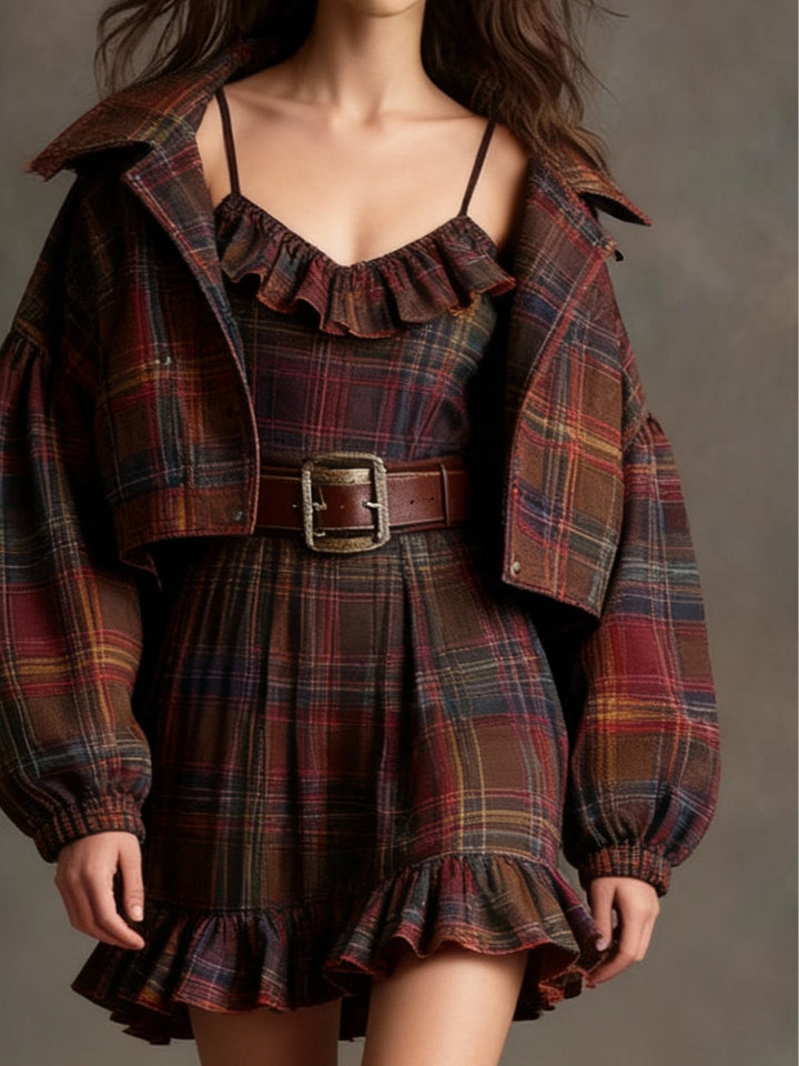 Vintage Plaid Ruffle Mini Dress and Loose Jacket Set（Includes belt）