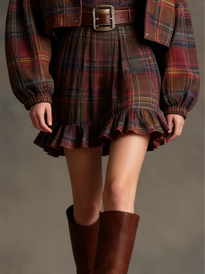 Vintage Plaid Ruffle Mini Dress and Loose Jacket Set（Includes belt）