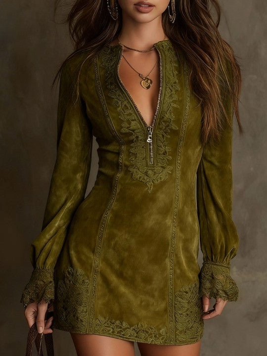 Eudora Vintage Blue Suede Lace Trim Mini Dress