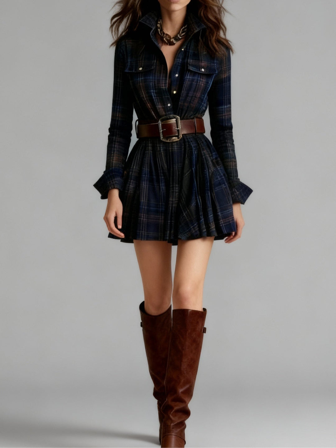 Zinnia Vintage Lapel Red and Brown Plaid Mini Dress (Includes belt)