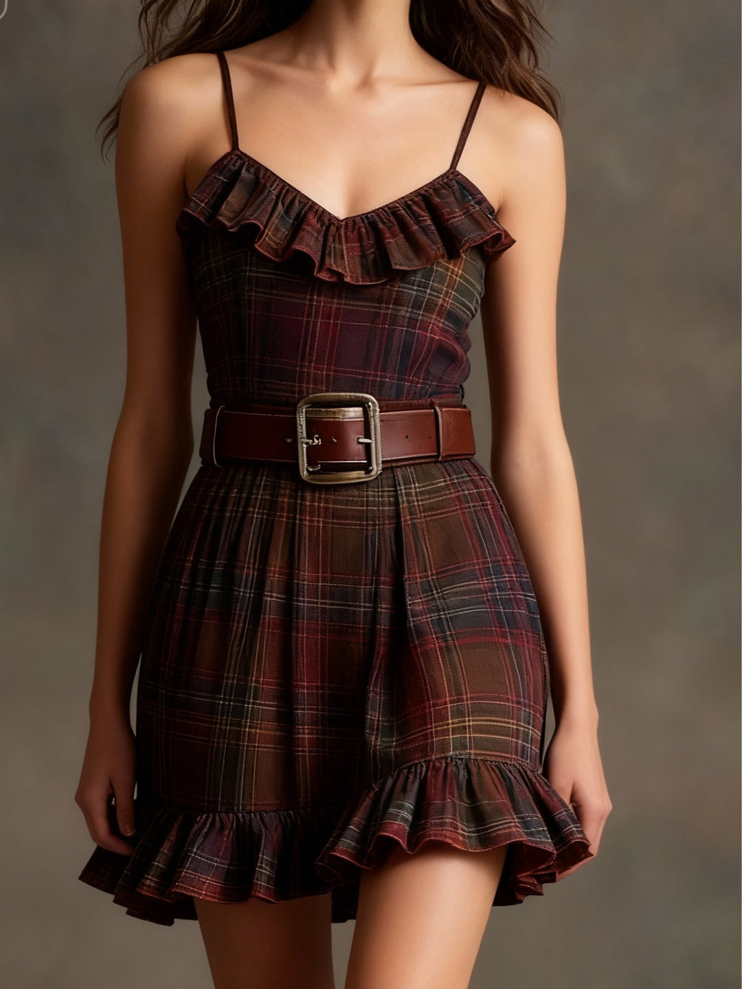 Vintage Plaid Ruffle Mini Dress and Loose Jacket Set（Includes belt）