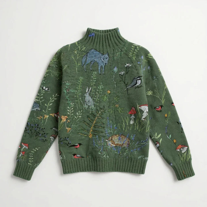 Hana Knitted Turtleneck Sweater – Warm, Stylish Forest Animal Print
