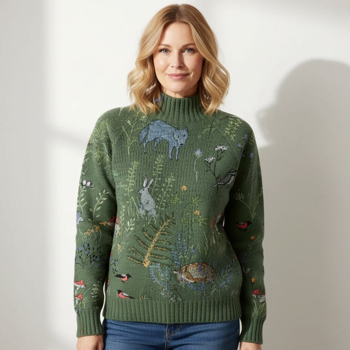 Hana Knitted Turtleneck Sweater – Warm, Stylish Forest Animal Print